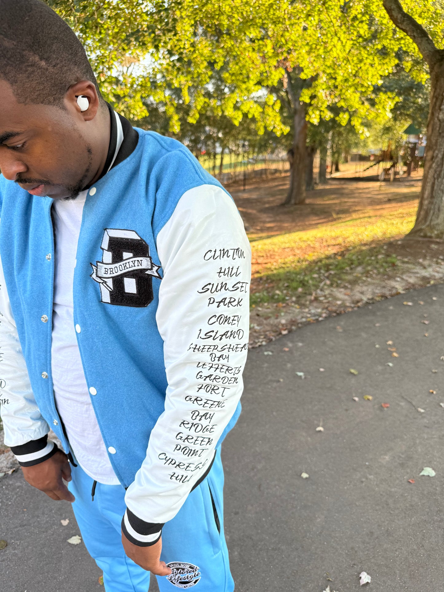 Big Brooklyn Carolina Blue Black and White Varsity Jacket (PRE ORDER)