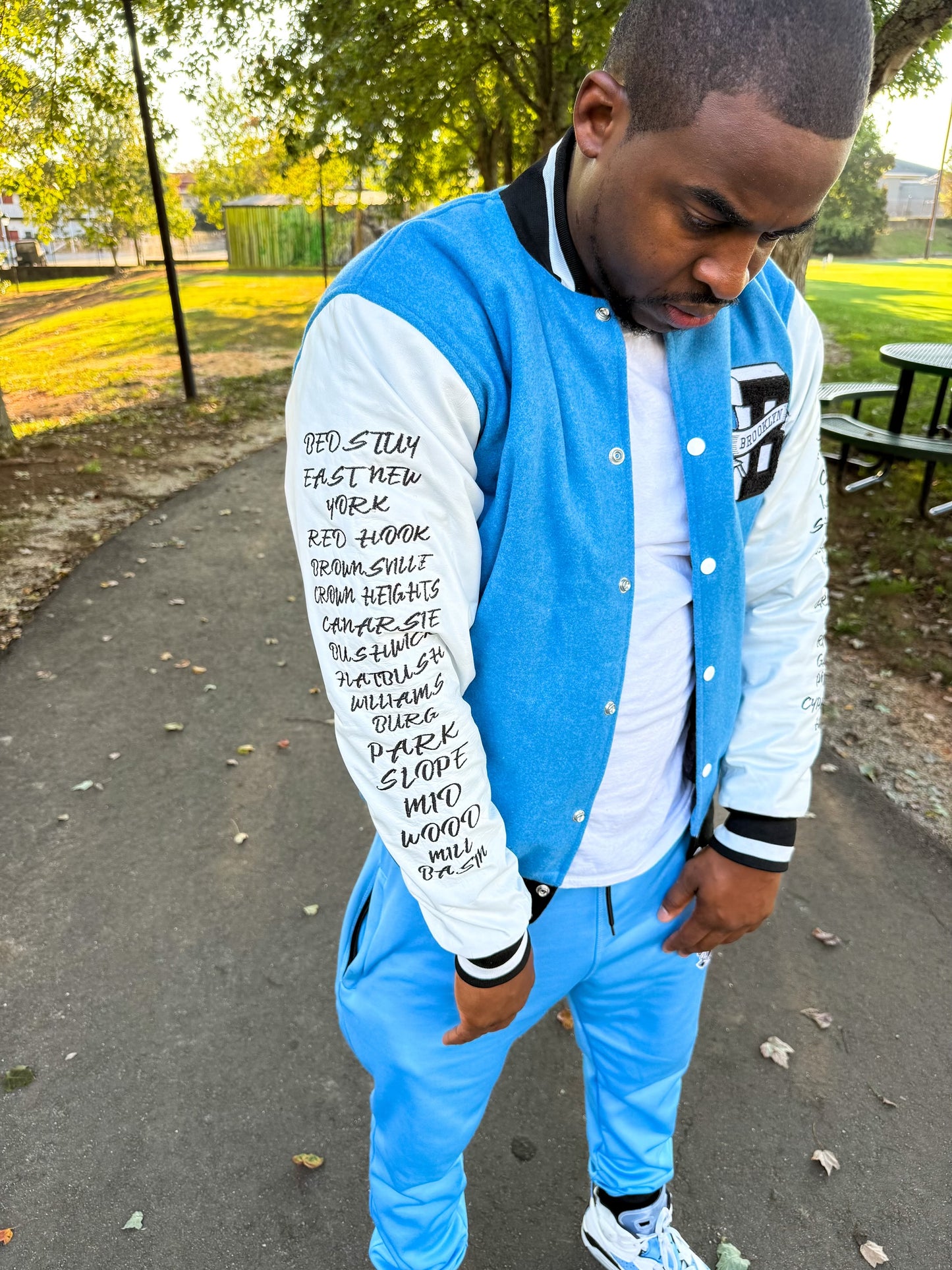 Big Brooklyn Carolina Blue Black and White Varsity Jacket (PRE ORDER)