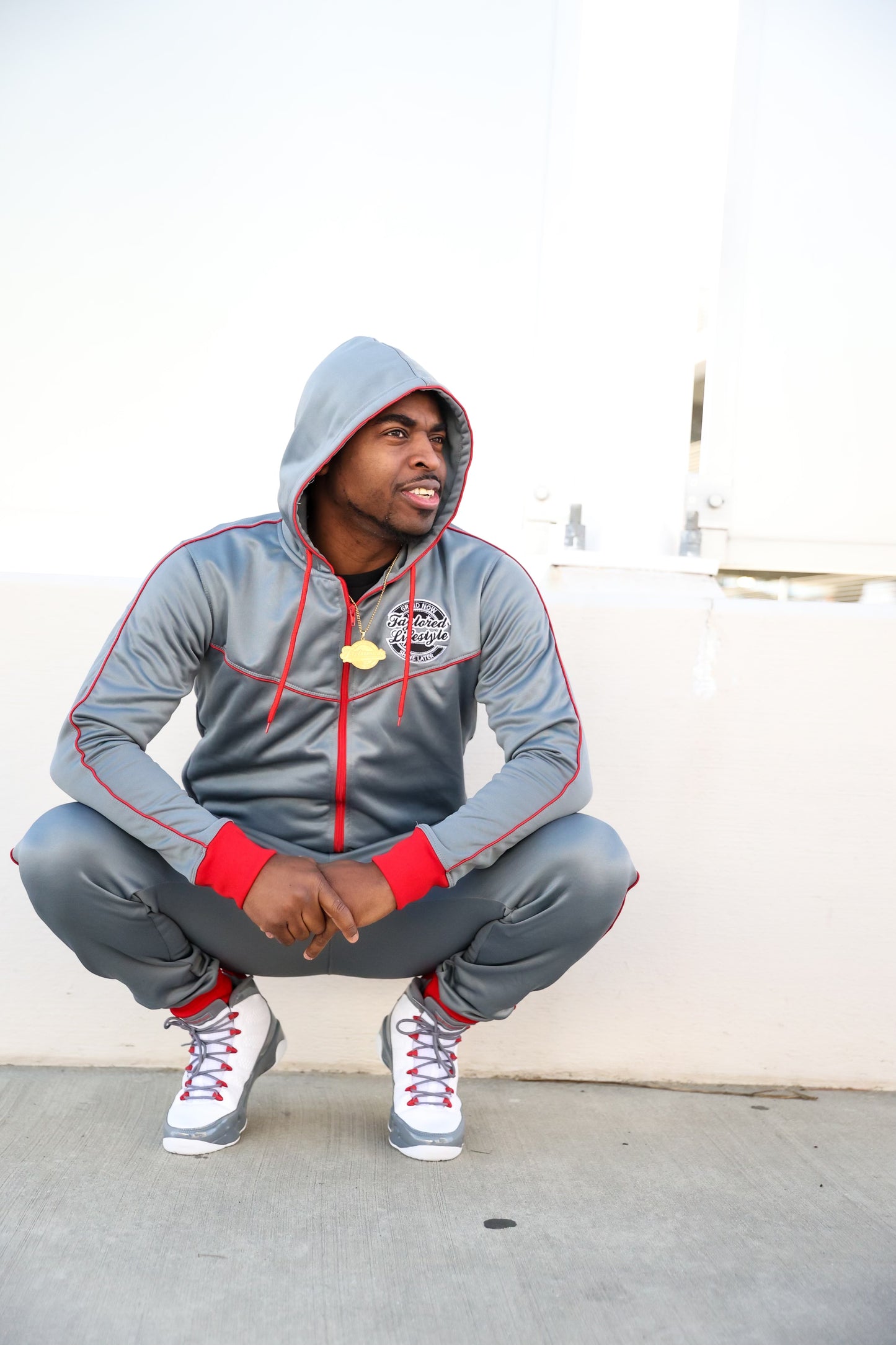 Taylored Gray and Red Sweatsuit