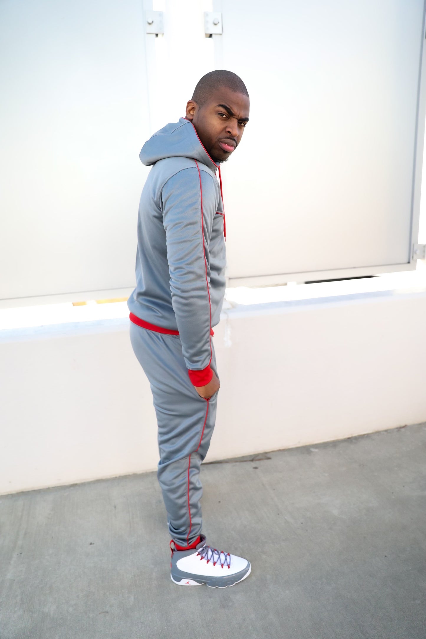 Taylored Gray and Red Sweatsuit