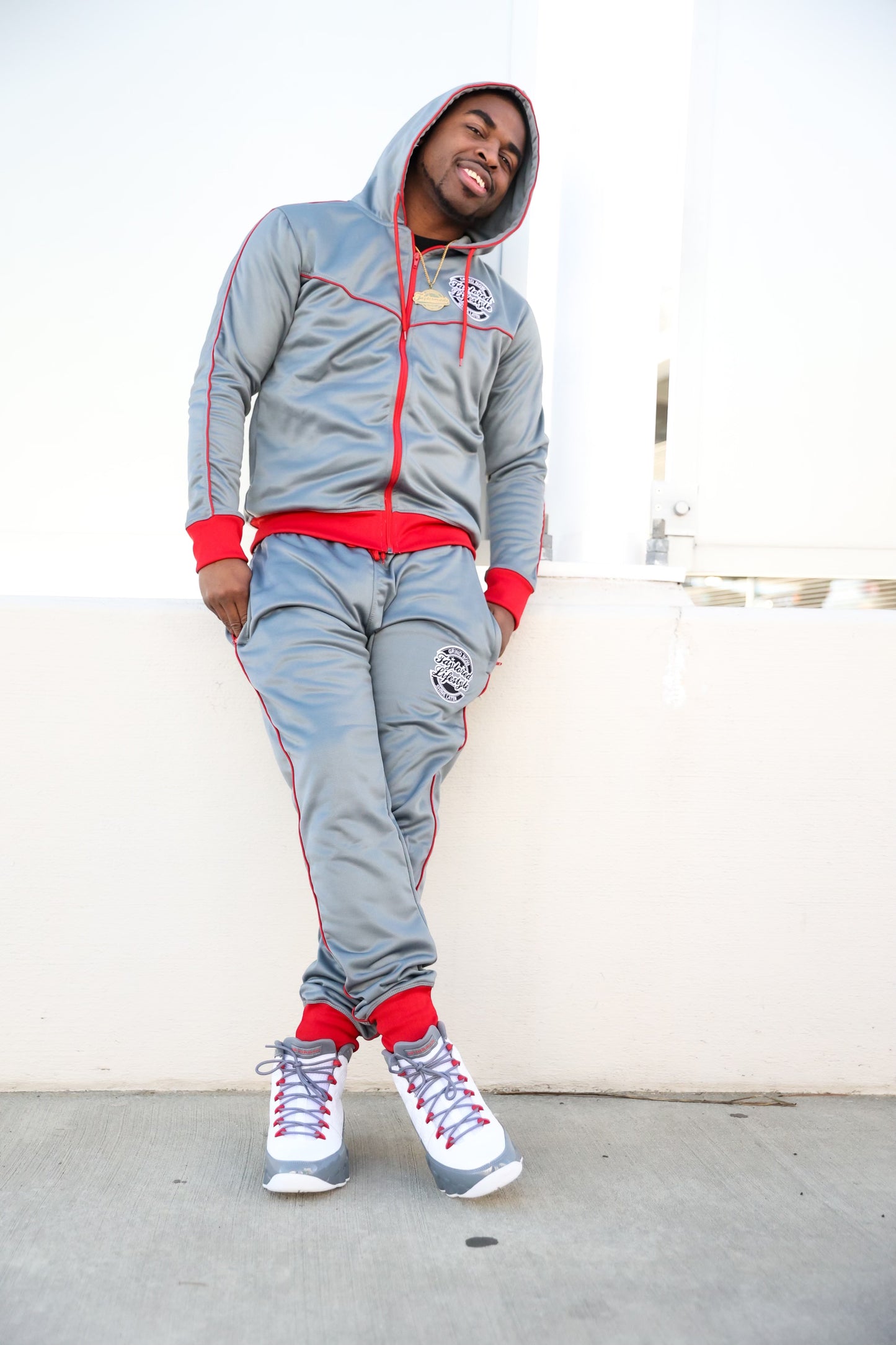 Taylored Gray and Red Sweatsuit